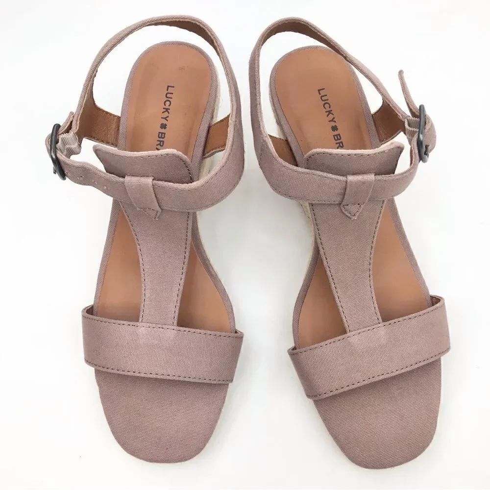 Lucky Brand Millinda Pink Espadrille T Strap Wedge Sandal in Antler Canvas